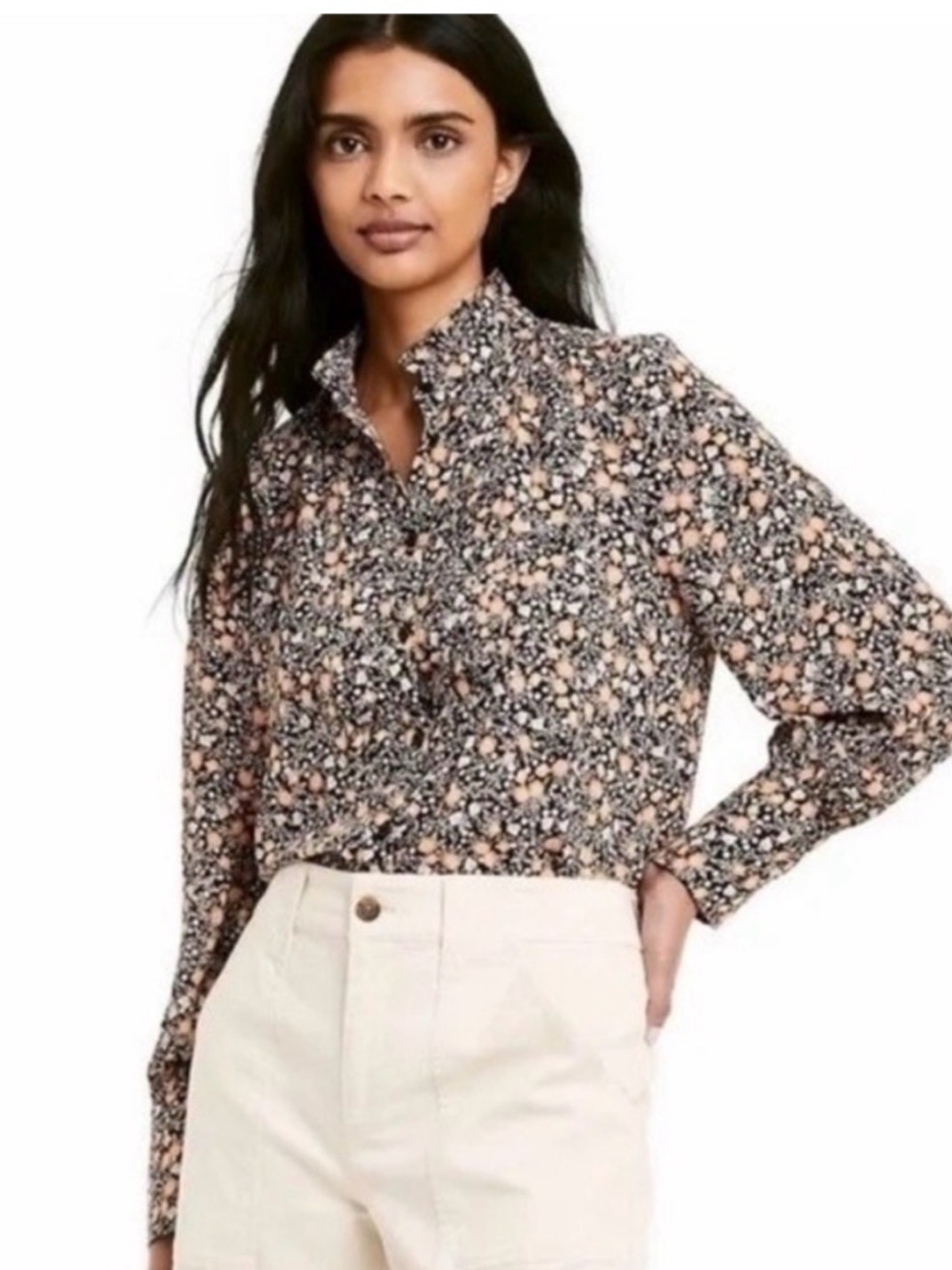 Black Floral Button-Up Blouse with Peach Accents - Picture 2 of 4